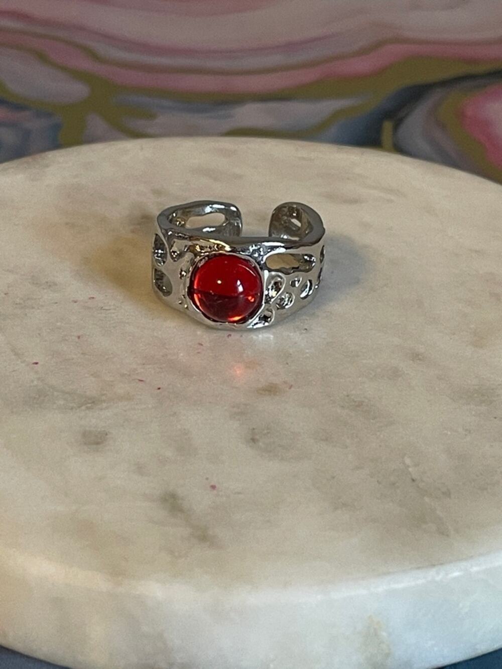Silver Open Band Ring with Red gem adjustable